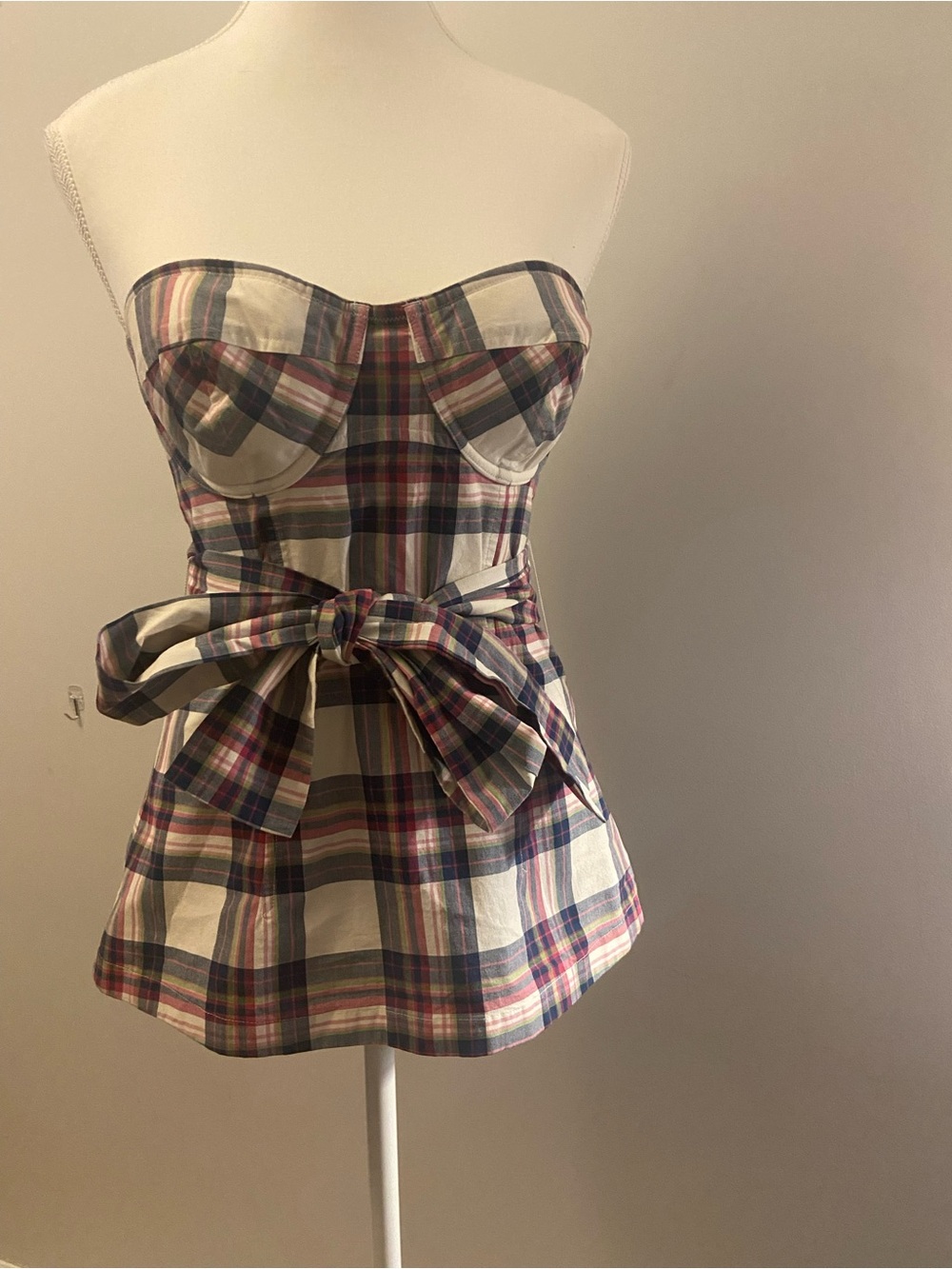 RARE FIND: Strapless Plaid Bow-Front Bustier Top in Ivory, Navy & Pink